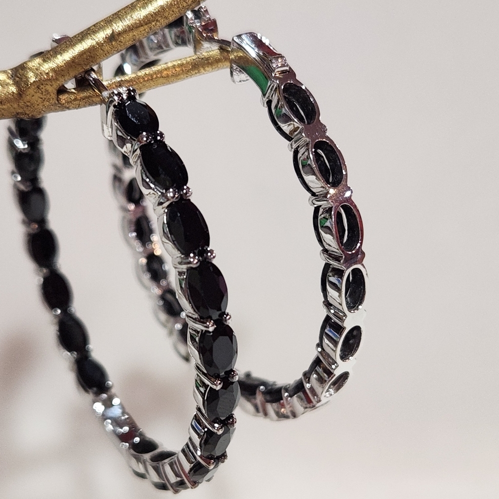 V3 Jewelry Sterling Silver Huggie Hoop Inside Out Black Onyx Earrings